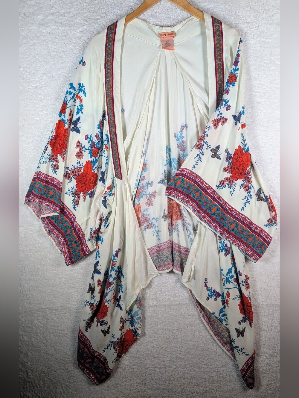 Flying Tomato Cream Floral Kimono with Red & Blue Accents
